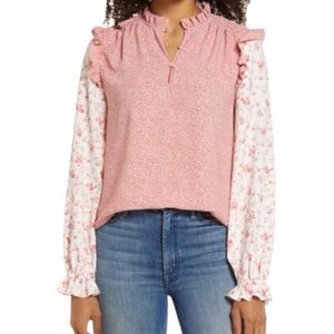 Rachel Parcell blouse puff shoulder mix prints pink cream S NWT